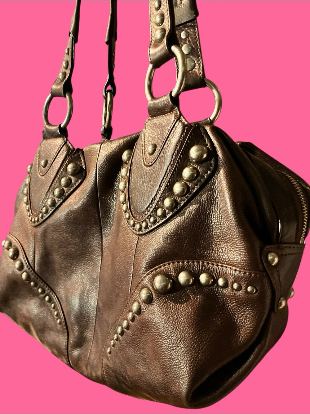 Studded Brown Leather Shoulder Bag - Picture 6 of 9